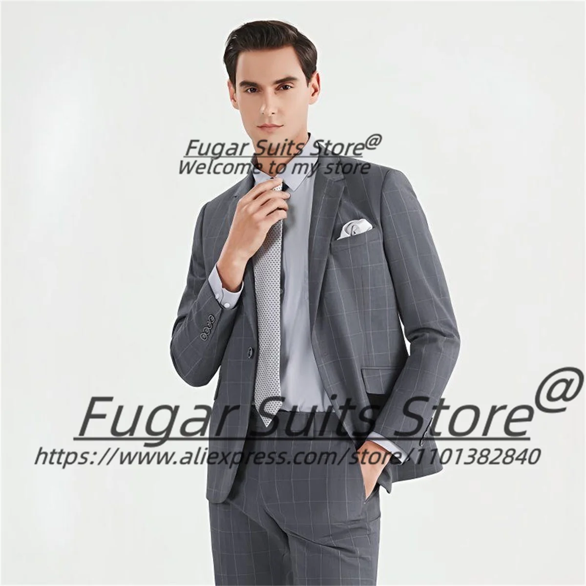 

Elegant gray Plaid Men Suits Customized Slim Fit Notched Lapel Groom Prom Tuxedos 2 Pieces Sets Office Work trajes para hombre