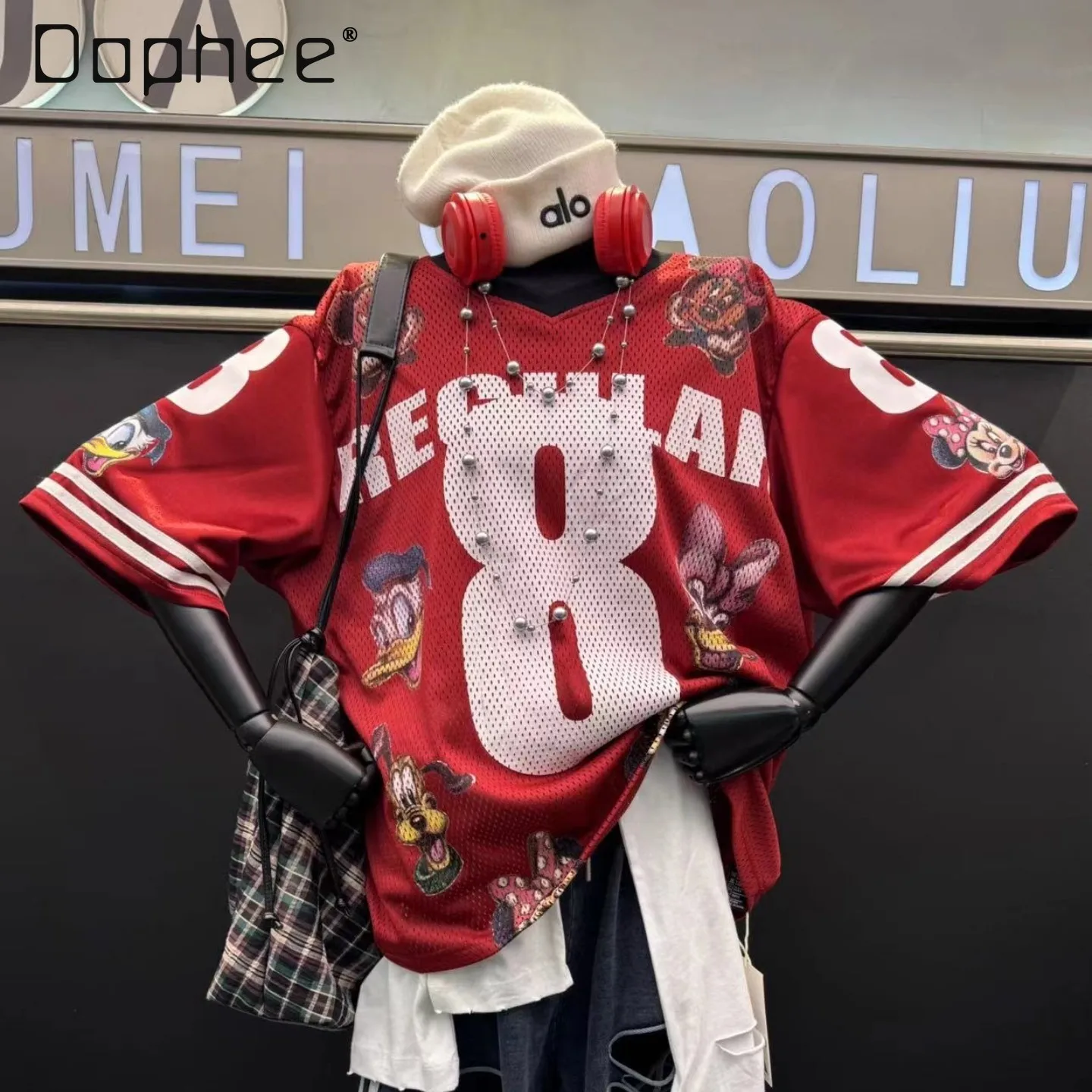 

Американская уличная футболка женская летняя с коротким рукавом, V-образным вырезом, свободного кроя, оверсайз, повседневная, спортивная