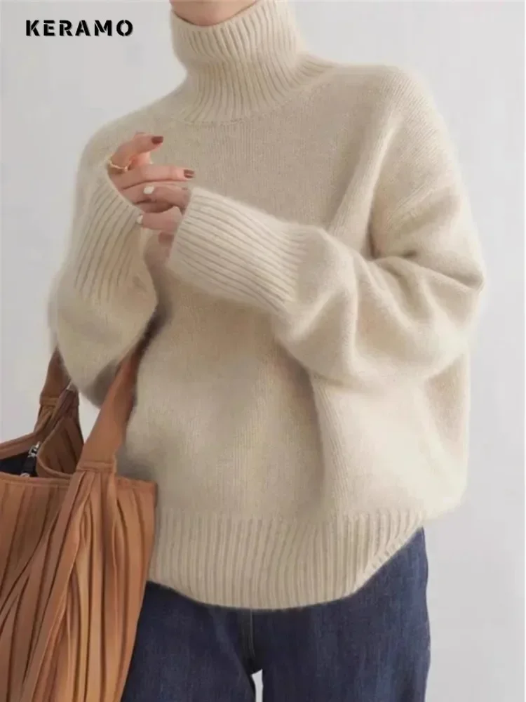 2024 Winter Elegant Turtleneck Knitting Long Sleeve Loose Pullovers Women Luxury Solid Color Warm Office Ladies Sweater Top