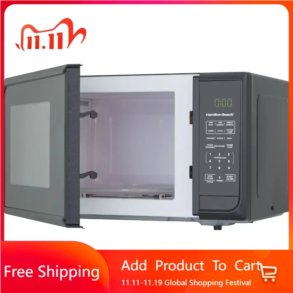 0.9 cubic foot matte black microwave oven with 6 quick setting menu options, easy to read LED display, and child safety lock