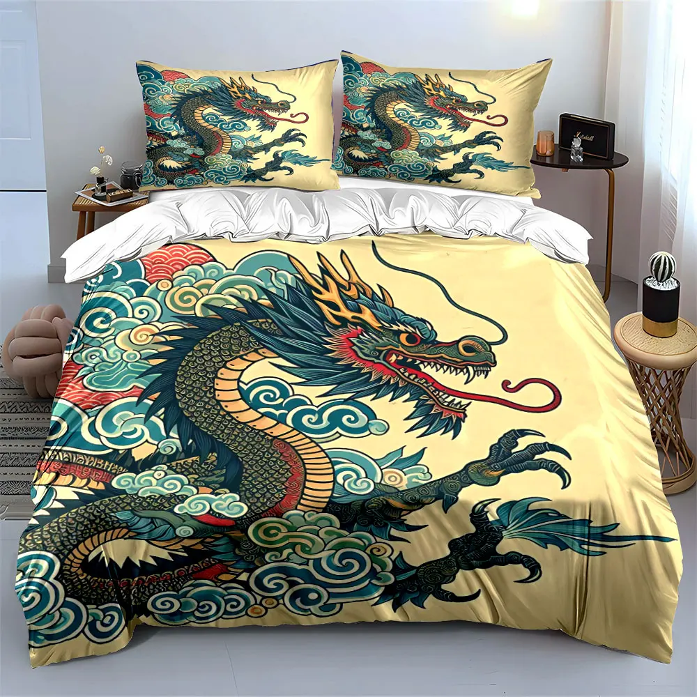 

3Pcs Traditional Chinese Dragon Bedding Set, Teal and Gold Print Duvet Cover + 2 Pillowcases, Cultural Decor