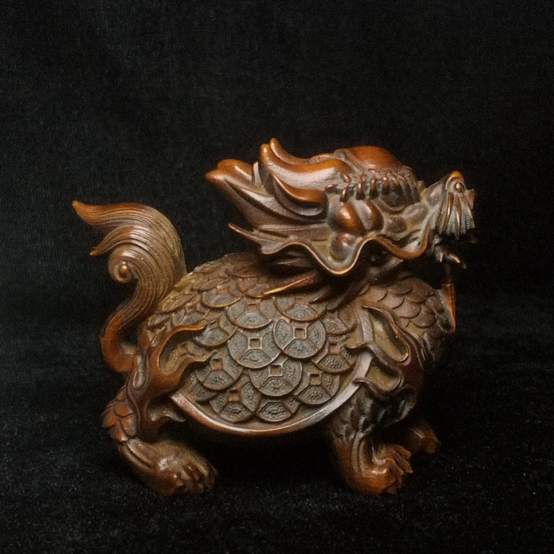 

Old Chinese boxwood Hand carved Coin Dragon Turtle Figure statue Decoration Netsuke Gift Collection Size 7 CM