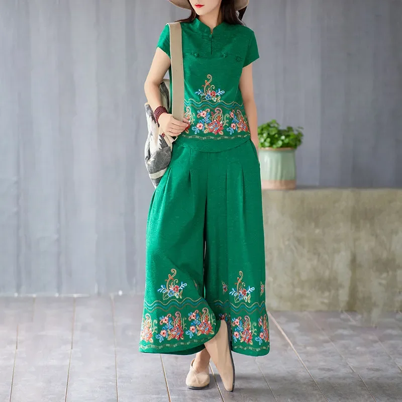 

Women's Ethnic Floral Embroidered 2 Piece Outfit Cotton Linen Top and Wide Leg Pants