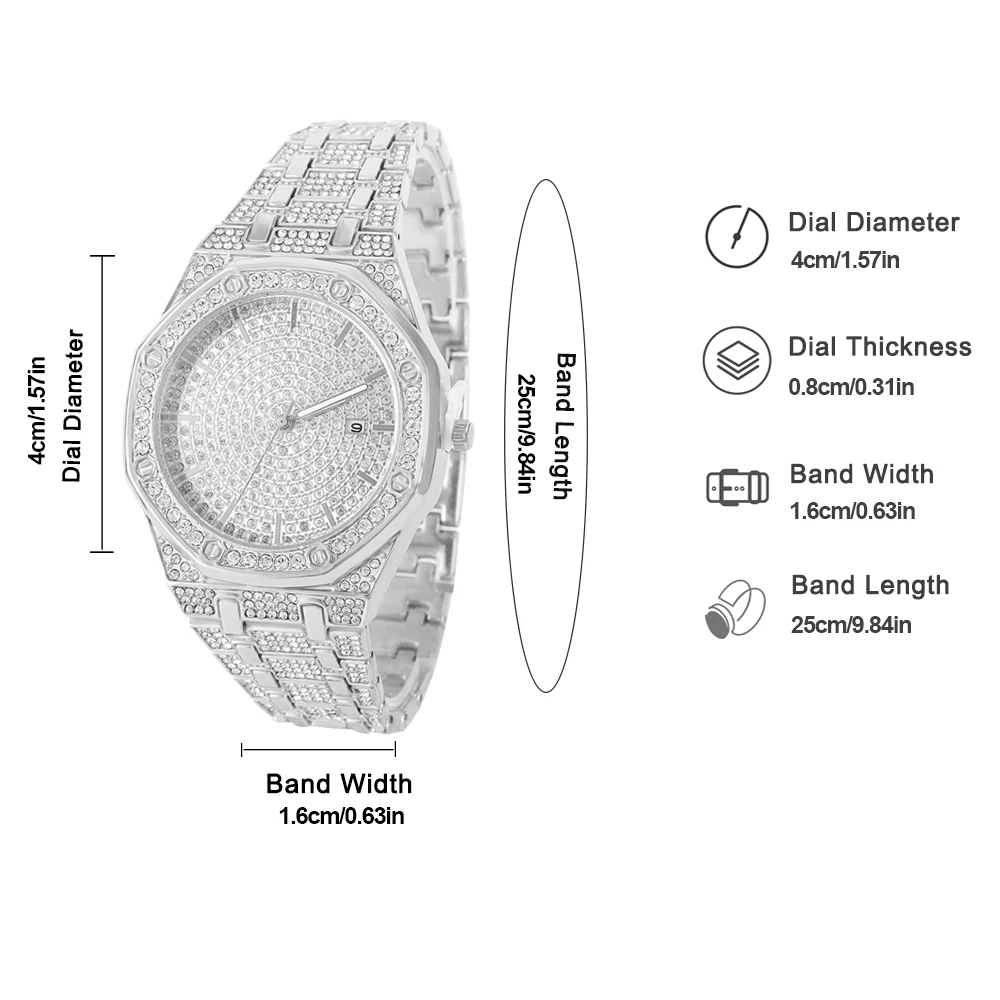 Conjunto de joyería de reloj plateado para hombre, reloj octagonal con incrustaciones de diamantes Punk de Hip-hop + pulsera de cadena de tenis, conjunto de regalo elegante para hombre y mujer, 2 uds.
