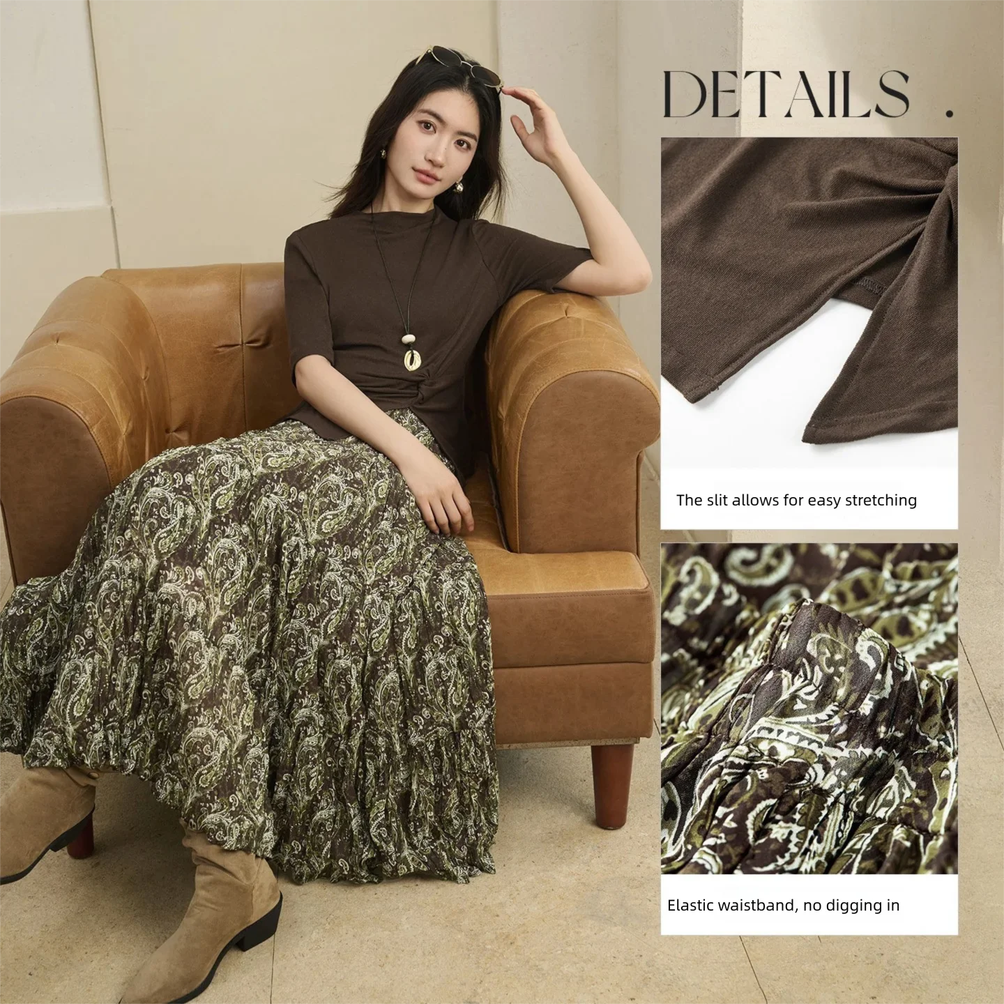 SENTUBILA Women's Coffee Matching Set 2026 Semi-turtleneck Knitted Top Printed Long Skirt Fashion Two-piece Set W63ZC8054 image 3