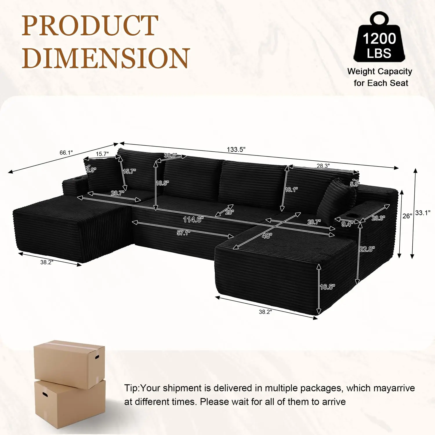 134 Inch Modular Sectional Sleeper Sofa, Boneless Cloud Couch for Living Room, U Shaped 5 Seat Sofa with 2 Storage, Customized
