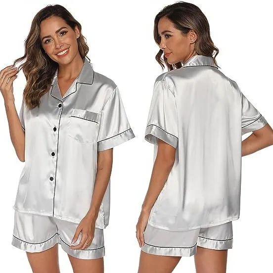 Classic Design Solid Pajamas Set Women Ice Silk Satin Soft Sleepwear Female Short-sleeved Shorts Large-size Pyjama Homewear Lady