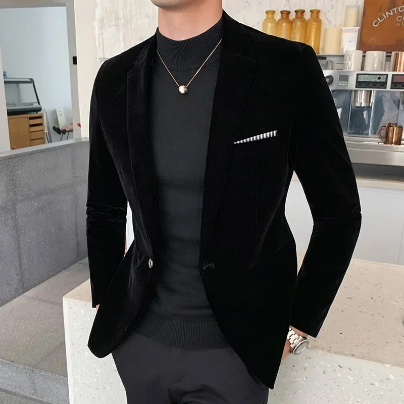 Nieuwe Goud Fluwelen High-End Merk Formele Zakelijke Heren Slanke Blazer Sociale Bruidegom Bruiloft Show Feest Pak Jas