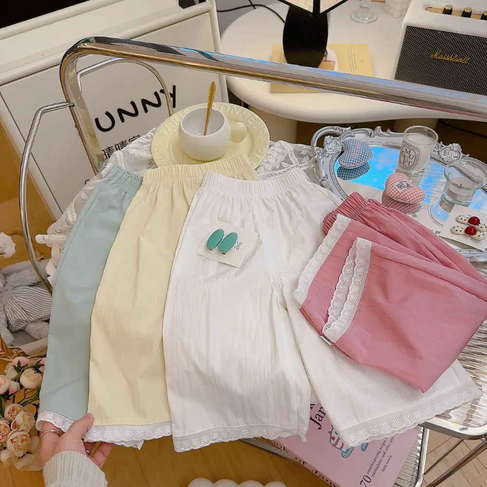 

Summer 2025 New Solid Color Lace Thin Casual Eight Quarter Straight Leg Pants Fashionable Forest Style Girls Aged 2-7