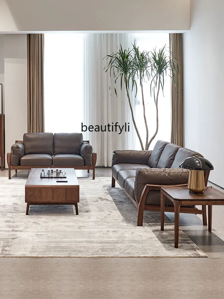 North American Black Walnut Leather Sofa Combination Light Luxury New Chinese Style Living Room Nordic Solid Wood Leather Sofa