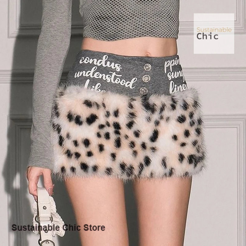 American retro Abby Leopard print furry stitching skirt female autumn and winter new sister letter printing design button skirt.