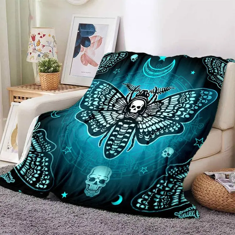 VIKAMA Gothic Death Head Moth Flannel Throw Blanket Skull Moon Star Pattern Soft Blanket For Bedroom Sofa Home Decoration