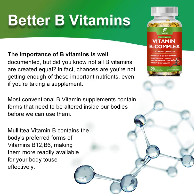 Vitamin B-Complex Capsules (B1, B2, B3, B5, B6, B7, B9, B12, Folic Acid & Biotin) Reduce Stress Supports Better Moods & Healthy