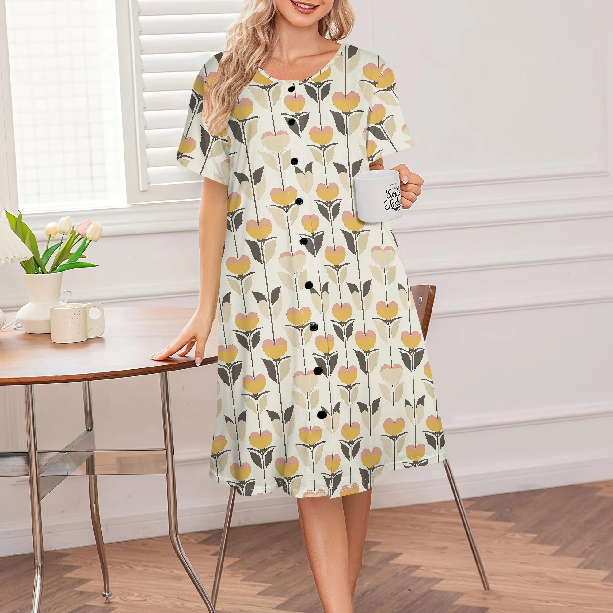 

Plus Size House Dress Floral Print Button Front S-3XL