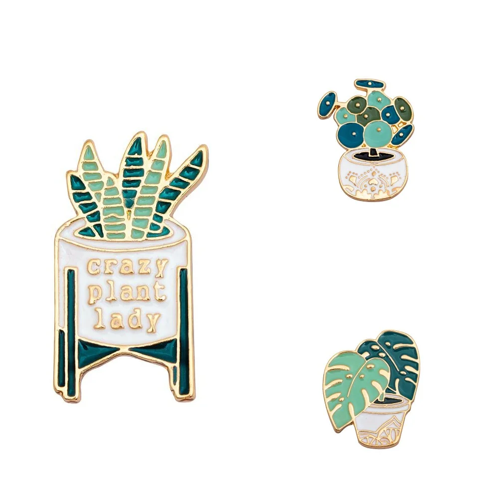 Broches dorados de planta loca para mujer, alfileres de colección en maceta bonitos, decoración de joyería para sombrero y bolso, 3 piezas por juego