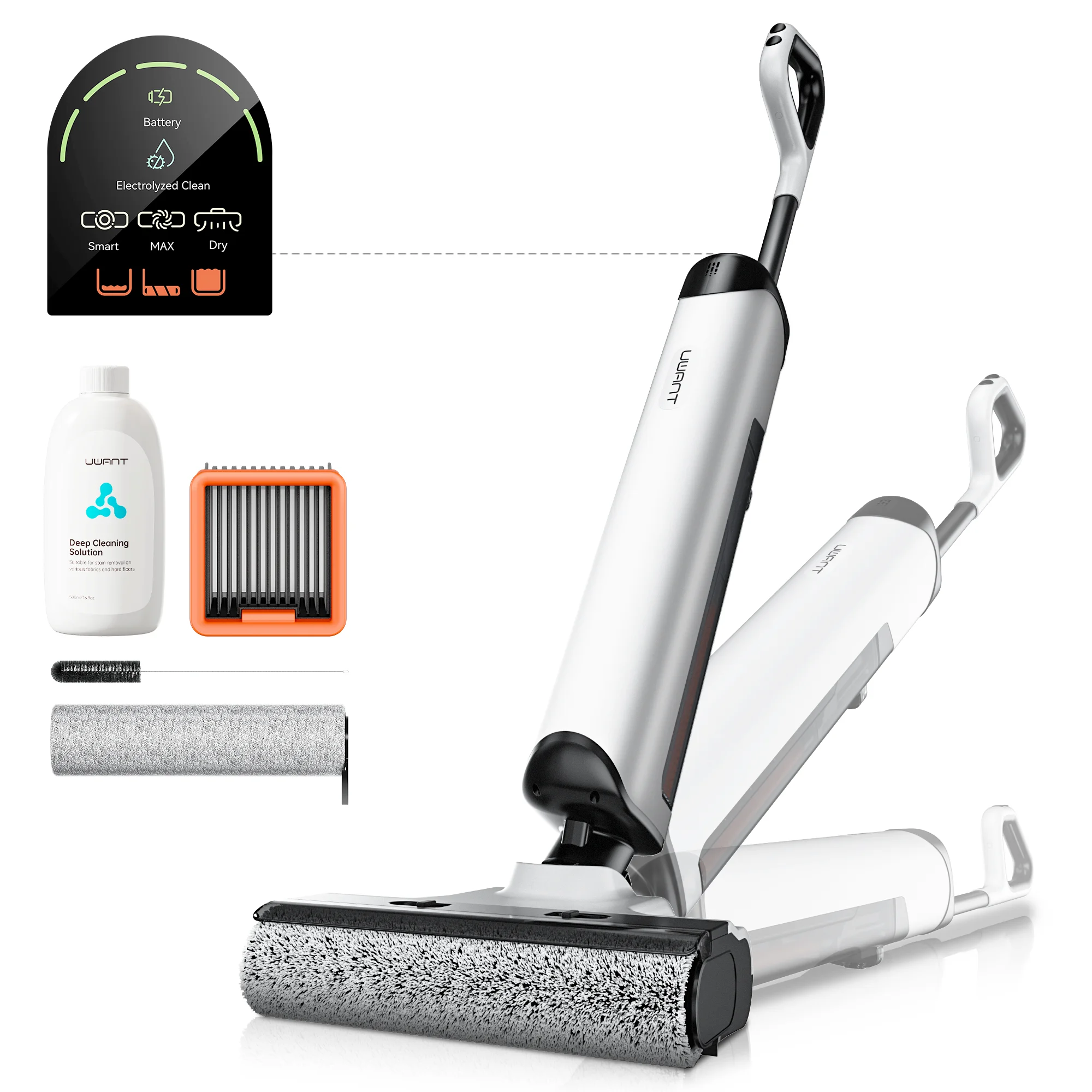 UWANT D500 Nass-Trocken-Staubsauger 17000Pa Saugkraft 180 ° Flachliegender kabelloser Wischmopp mit KI-Selbstreinigung 65 ° C Trocknung Dreiseitige Kante