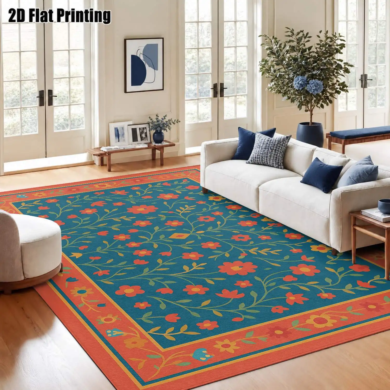 1Pc 2D Printed Carpet: Blue Base, Red Flower Geometric Pattern European, Bohemian, Vintage Style, Ideal for Home Decor, Multi-Size, Machine Washable, Suitable for Entryway, Dining Room, Foyer, Bedroom, Living Room.