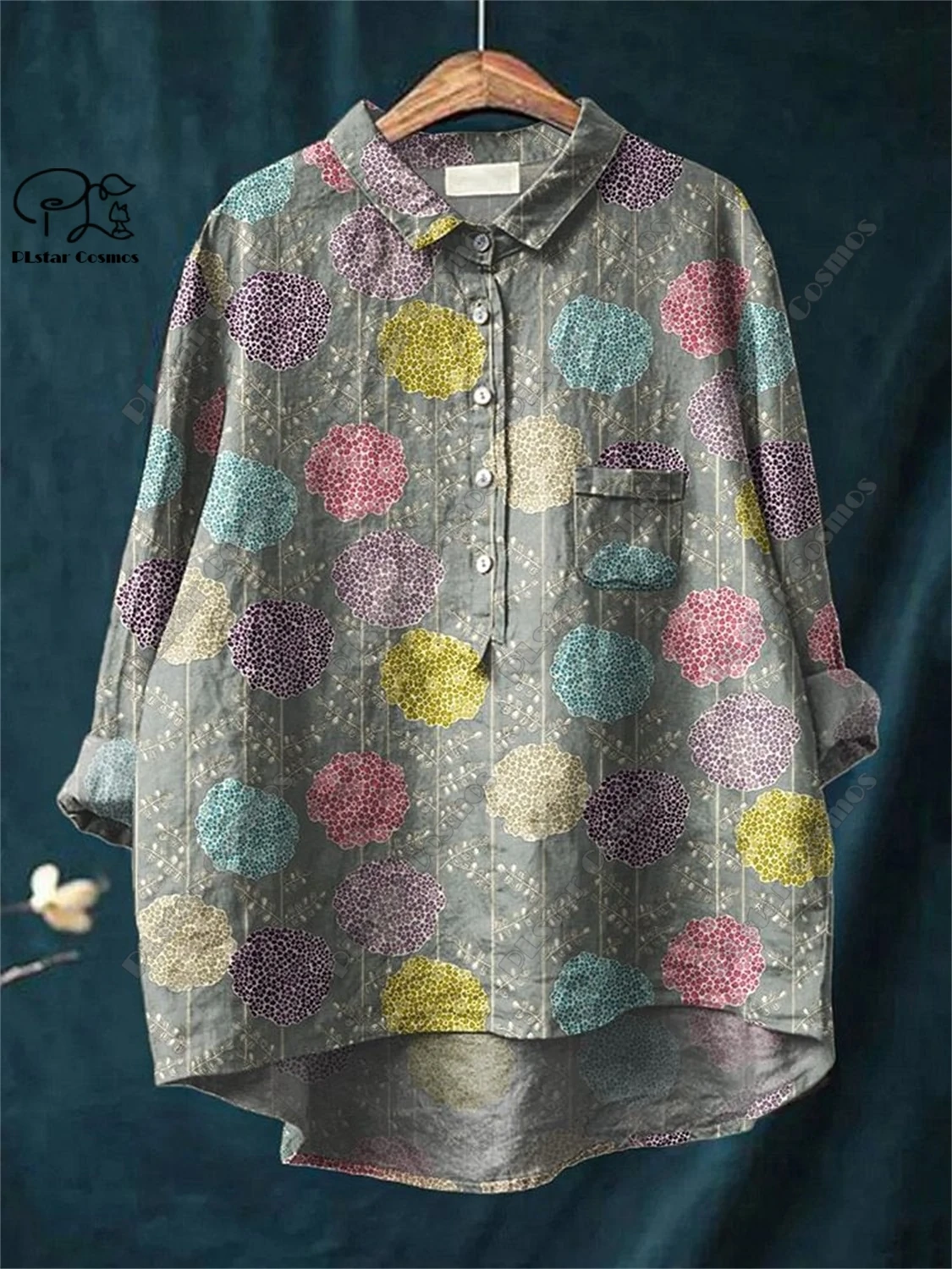 PLstar Cosmos new 3D printed women's loose retro floral fun casual printed open tube shirt  K-8