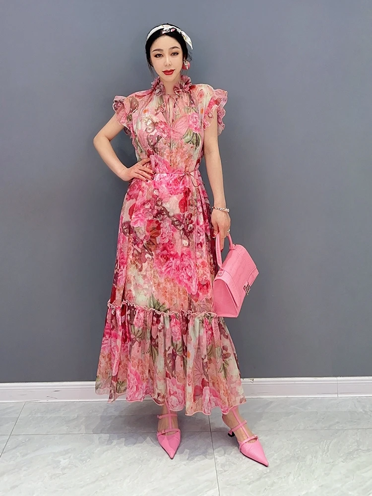 New spring/summer 2023 women printed chiffon long dress with small condole belt 2 fairy skirt dress sexy comfortable loose