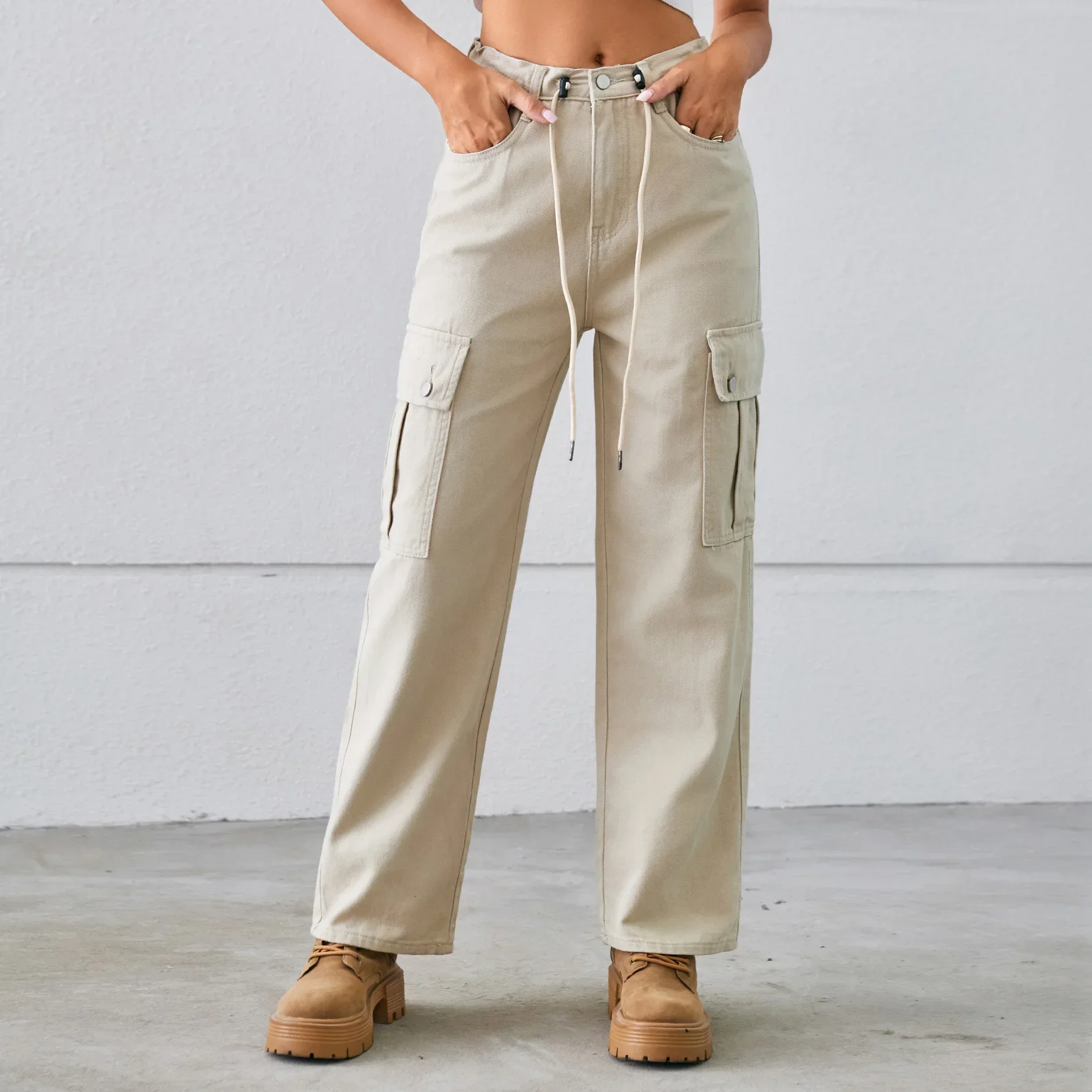 Cargo Pants Women Jeans Drawstring Lace Up Mid Waist Washed Distressed Multiple Pockets Straight Trousers Streetwear  Denims