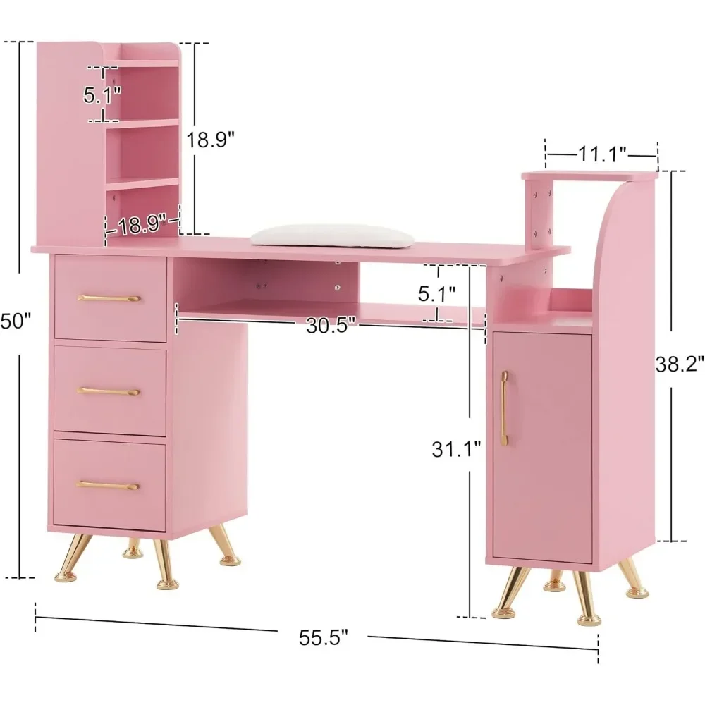 Manicure Table Makeup Dressing Station Nail Desk with Wrist Cushion Beauty Workstation Salon Storage Equipment 2636 (Pink)