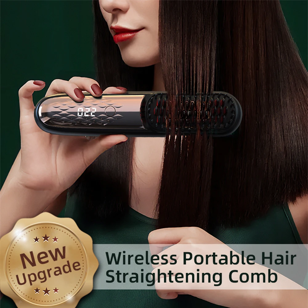 Cordless Hair Straightener Brush LCD Display With 4 Level Temperature Control Electric Negative Ions Ceramic Hot Comb Anti-Scald