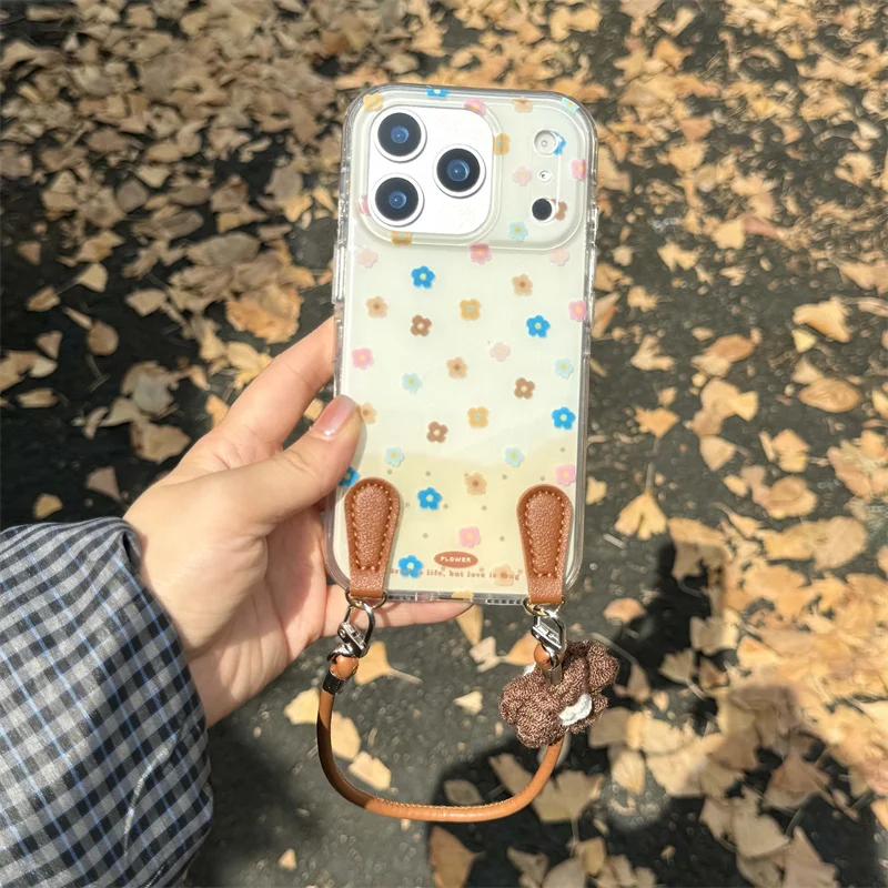 

Korean Cute Small Flower Phone Case For iPhone 17 Pro 15 14 16 Pro Max Cover with Hand Rope Strap Shockproof Protective Cases Gi