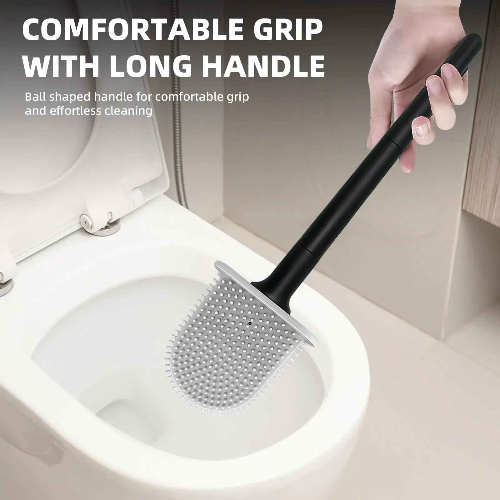 Silicone Toilet Brush with Holder Long Handle Brush Head Silicone Bristles Flexible Cleaning of Tight Areas Wall/Floor Mount