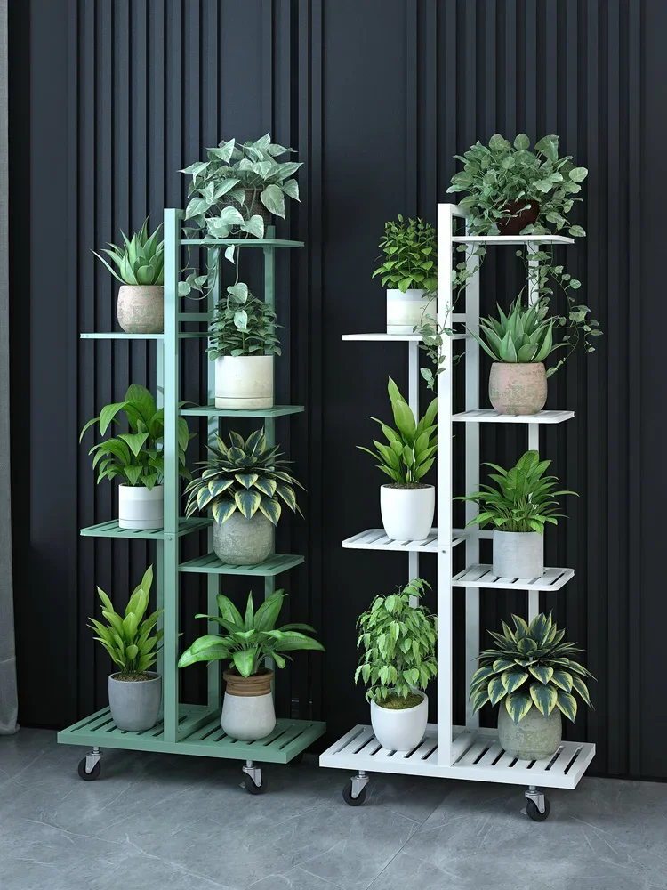 

Flower stand, balcony shelf, mobile wheel, household multi-layer flower pot stand, wrought iron, floor-standing flower