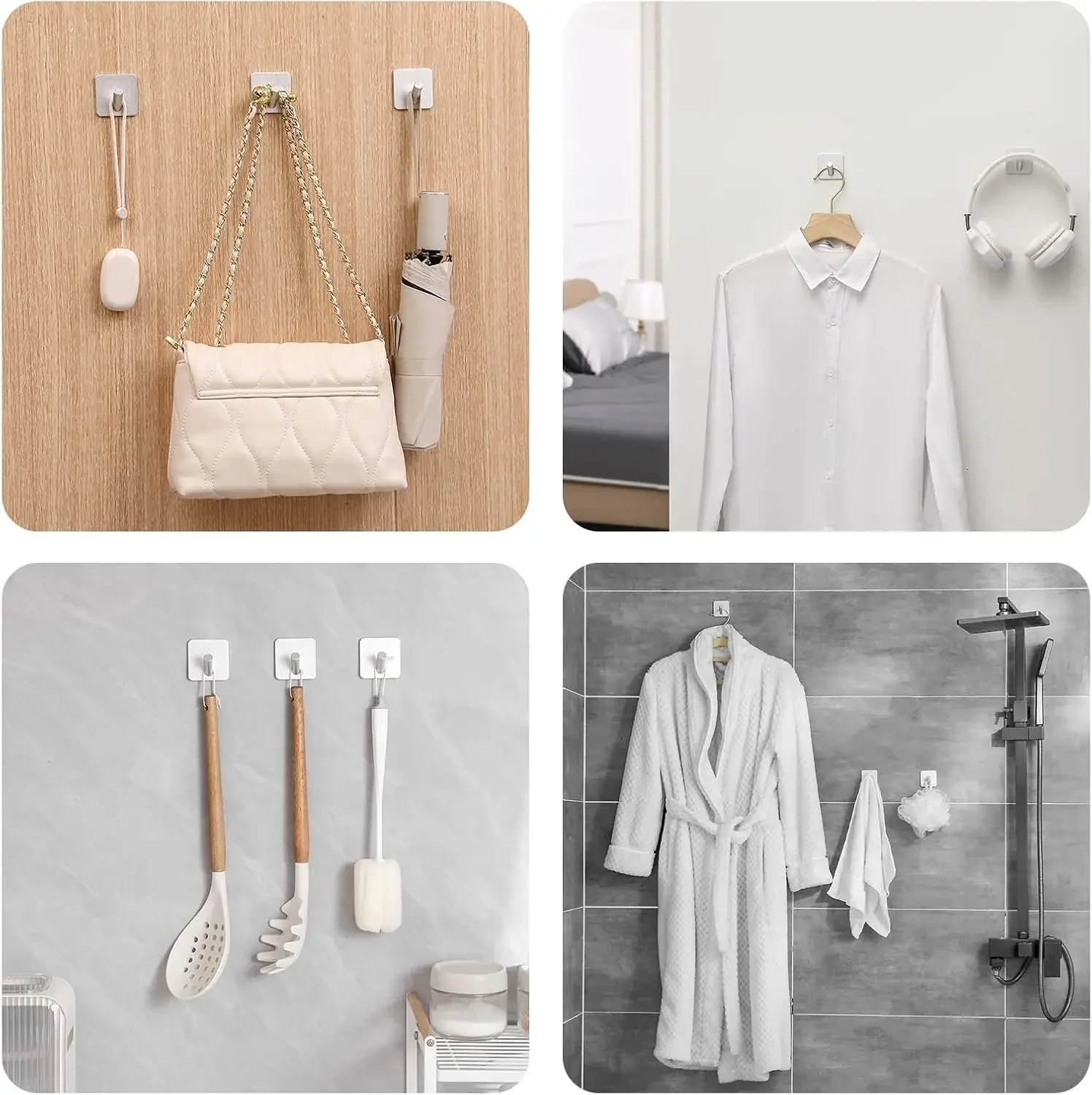 1/2/4 Pack No Drill Adhesive Hooks Heavy Duty Stainless Steel Wall Hanger for Kitchen Bathroom Towel Robe Key Organizer