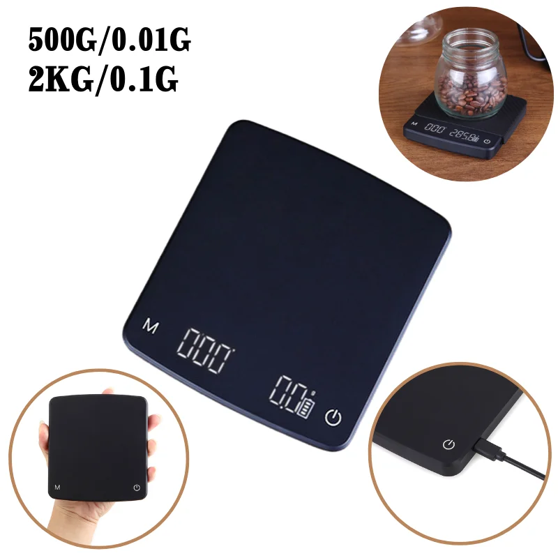 500G/0.01G Mini Coffee Scale Led Display Usb Rechargeable Kitchen Scale Intelligent Automatic Timing Italian Coffee Scale