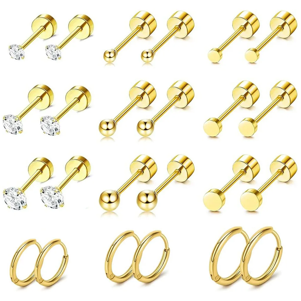 12 Pairs Stainless Steel Flat Back Earrings Stud,Trendy CZ Ball Cartilage Earrings Hoop Earrings for Multiple Piercing Jewelry
