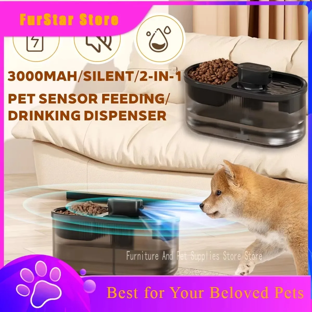 FurStarPet Cat Automatic Induction Feeder Water Dispenser Large Capacity Water Dispenser Dry Wet Separation Food Container Pet S