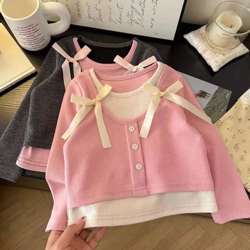 Girls Spring Autumn Two-Piece Long Sleeve T-Shirt Knitted Bow Base Shirt School Children Soft Top Kids Casual Campus Outfit Baby