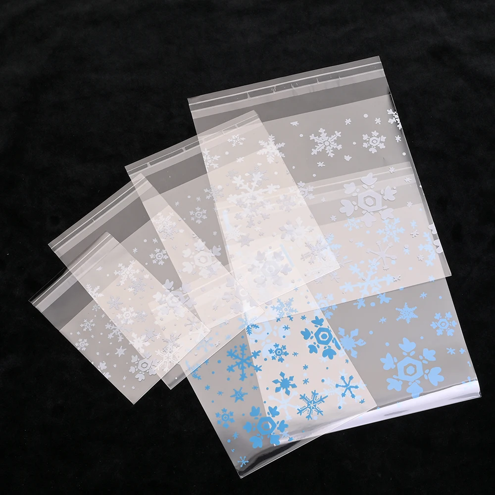 OPP Self‑adhesive Bags Christmas Snowflake Pattern 100Pcs Plastic Candy Gift Packaging Bags for Xmas Party Favor Jewelry Supply