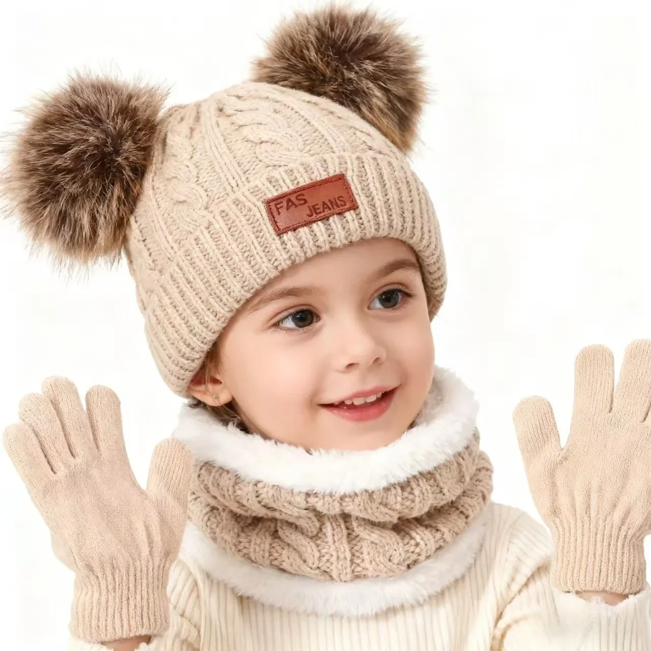 Children Winter Hat Scarf Gloves 3Pcs Set Boys Girls Knitted Beanie With Double Pom Pom Children Cold Proof Accessories