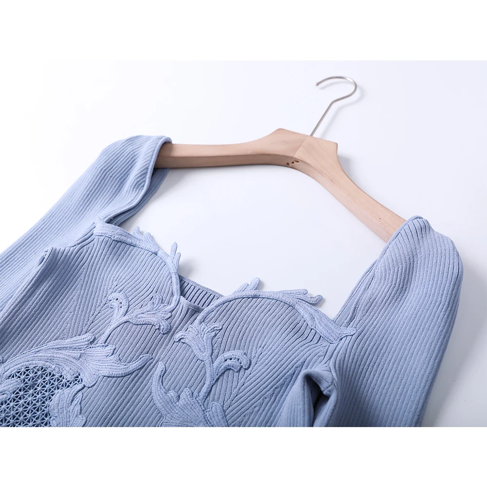 Women Embroidered Flare Sleeve Stretchy Pullover + Skirt Two Piece Suit Spring Casual Elegant Square Neck Buttons Elastic 2 Pcs