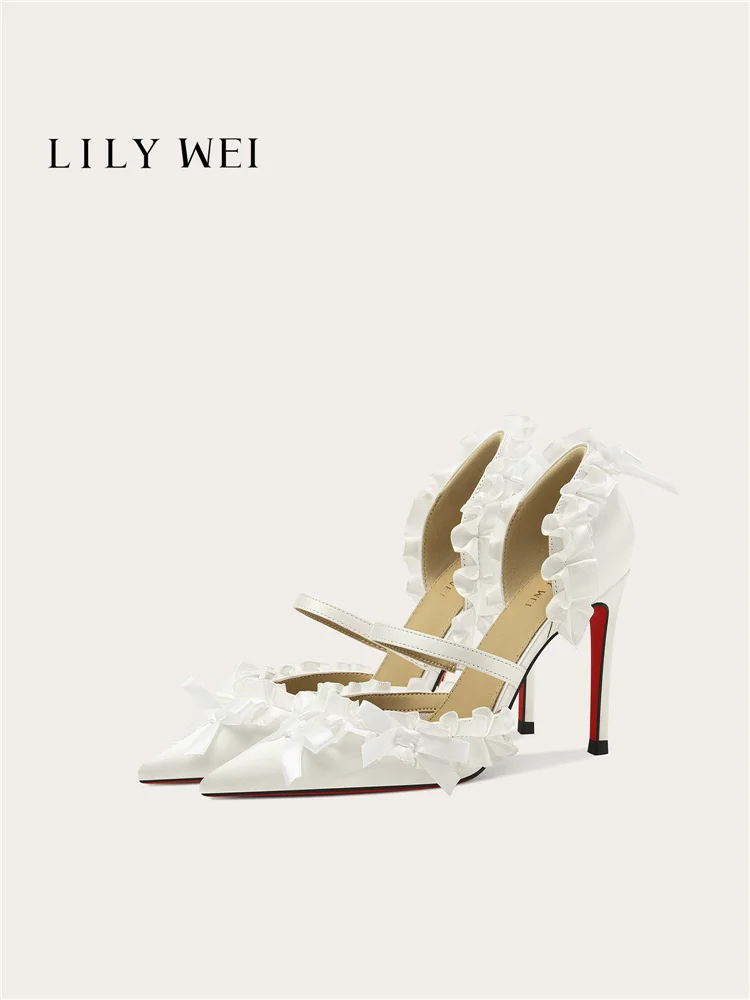 

Spring pointed hollow ribbon wrinkled bow low heeled wedding shoes banquet big size small size wide high-heeled women's sandals