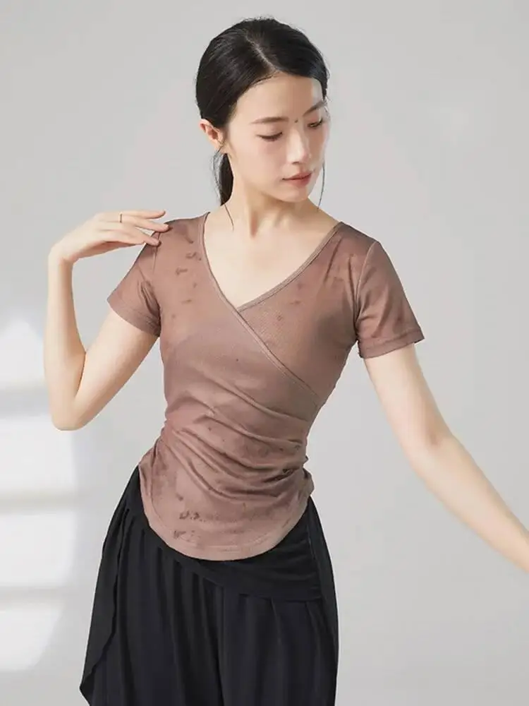 Tie Dye V คอแขนสั้น SLIM FIT Dance TOP ผู้หญิงโมเดิร์นร่วมสมัยบัลเล่ต์แจ๊สฝึก STAGE Performance ศิลปะเสื้อ
