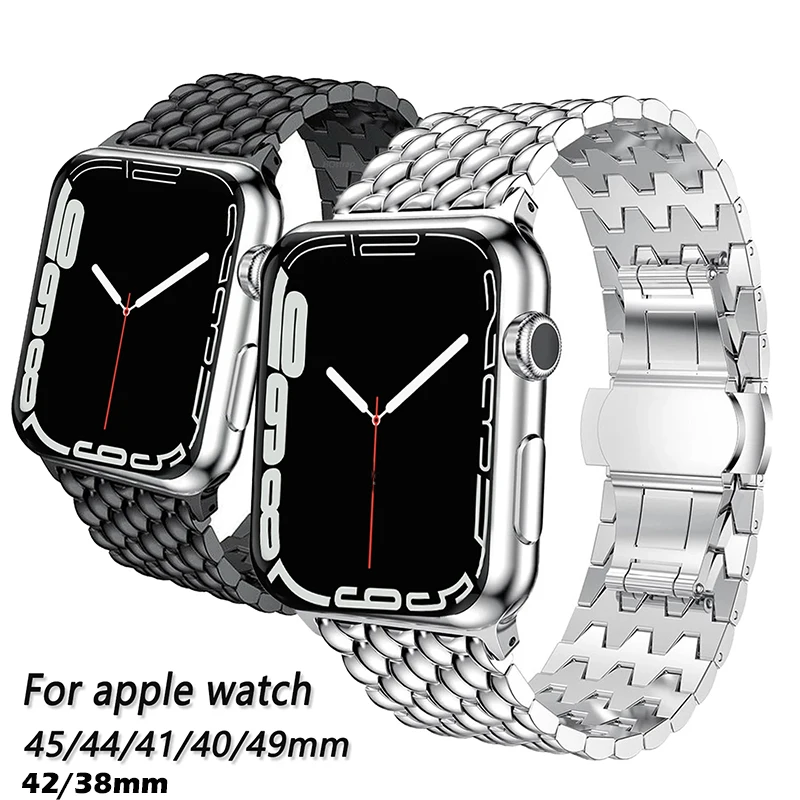 Stainless Steel Metal Strap for Apple Watch Ultra2 9 8 7 49/45/41mm 42/44mm 40/38mm Dragon Pattern Butterfly Buckle iWatch6 5 SE