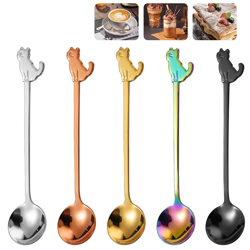 

5pcs Small Tea Coffee Spoons 304 Stainless Steel Cute Cat Teaspoon Gold Dessert Ice Cream Honey Little Spoons Mix Tableware