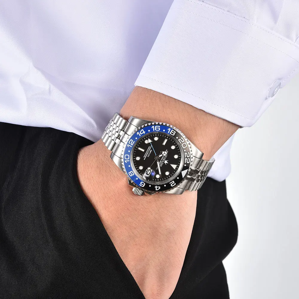 40mm 럭셔리 남성용 시계 NH34 무브먼트 GMT 자동 기계식 시계, 사파이어 유리 및 맞춤형 로고 비즈니스 남성용 시계