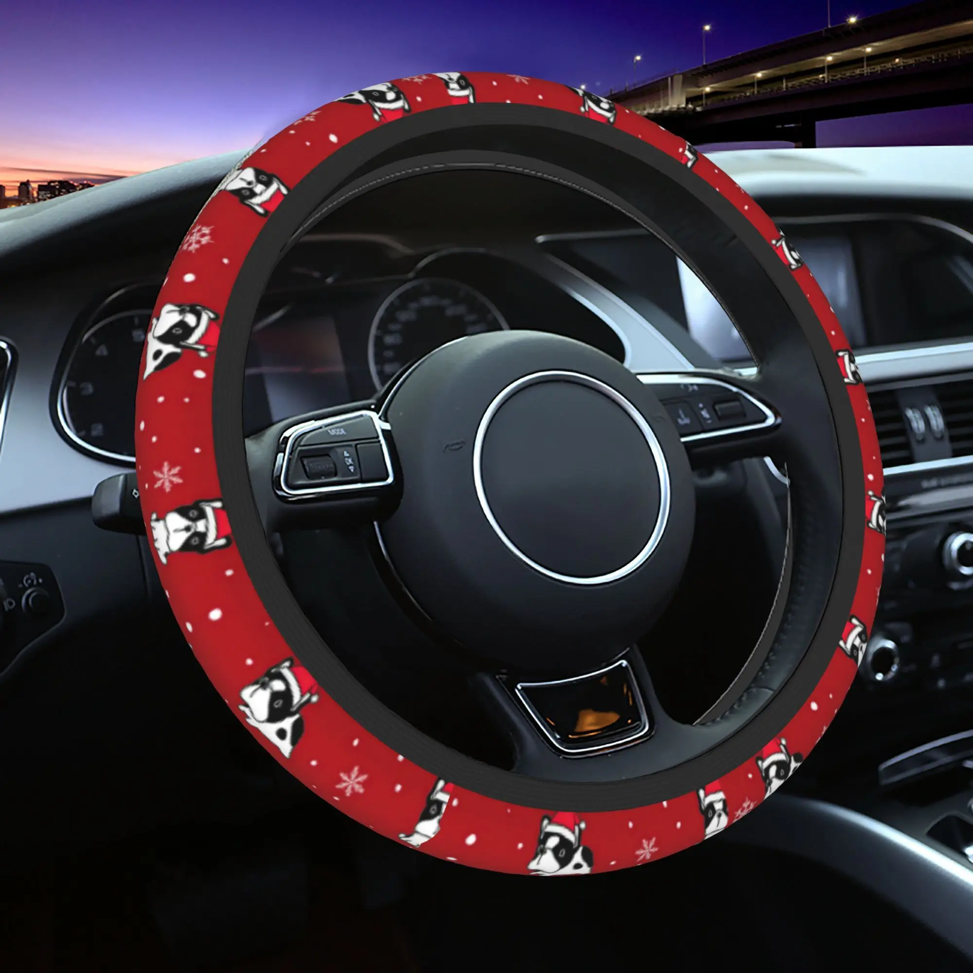 

Bulldog Christmas Steering Wheel Cover Non-Slip Breathable Elastic Fit for 36.83-38.1 cm Wheels Red White Holiday Design