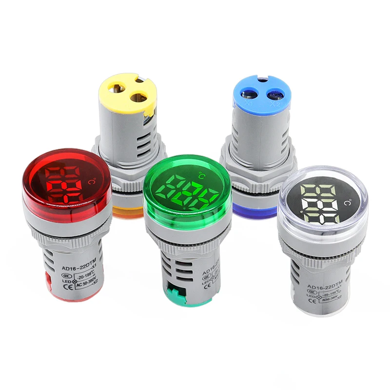1PC Mini LED Indicator 22mm Round Digital Display Thermometer Meter-20℃~199℃Voltage AC50-380V Temperature Sensing Probe Wire