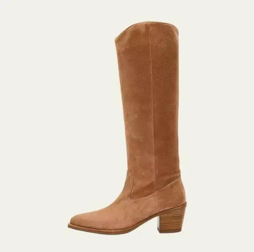 

Apricot Suede Leather Wood Patterin Block Heel Pointed Toe Knee High Boots Women Hidden Zipper Autumn Modern Long Boots Shoes