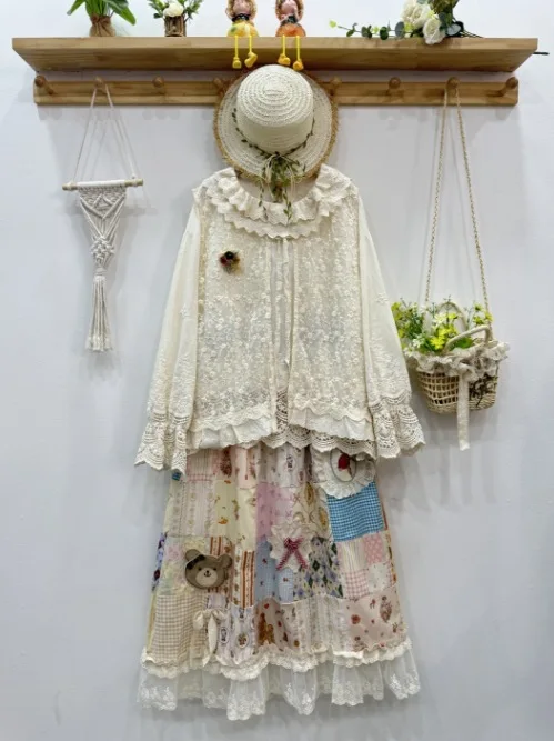 Japanese Vintage Lolita Mori Girl Lace Cartoon Plaid Print Patchwork Skirts Women Summer Elastic Waist Casual Cotton Skirts
