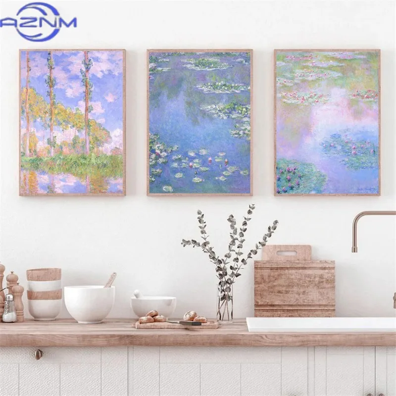 AZNM Claude Monet Artwork Lotus Pond Water Lilies Scenery Poster Impressionist Canvas Painting Wall Art for Farmhouse Room Home