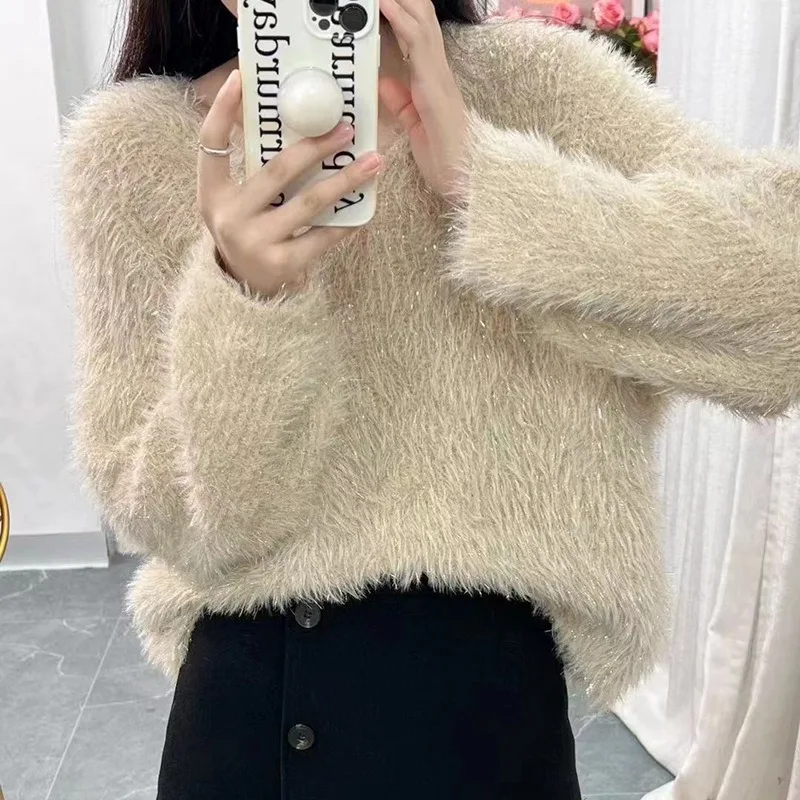 Furry Fashion Fil-Lumiere V-neck Pullover Thick Sweater Women's 2024 Winter New High-Grade Elegant Lady Top Wholesale