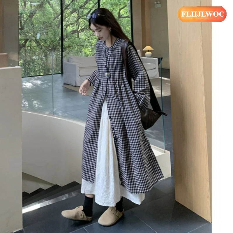 Losse kleding Leuke jurken Outfits Nieuw 2026 Lente Herfst Lange mouw Casual Japanse stijl Meisje Retro Vintage geruite overhemdjurk