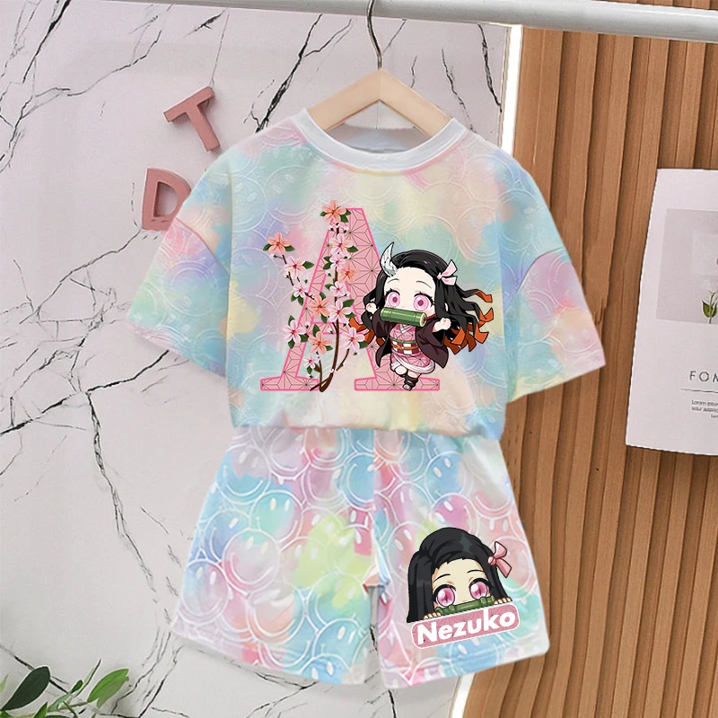 

Demon Slayer Girl Tie-dye Smlie Tees Children Nezuko Short Sleeves Baby T Shirt Shorts 2pcs Kids Kawaii Summer Clothing Set New